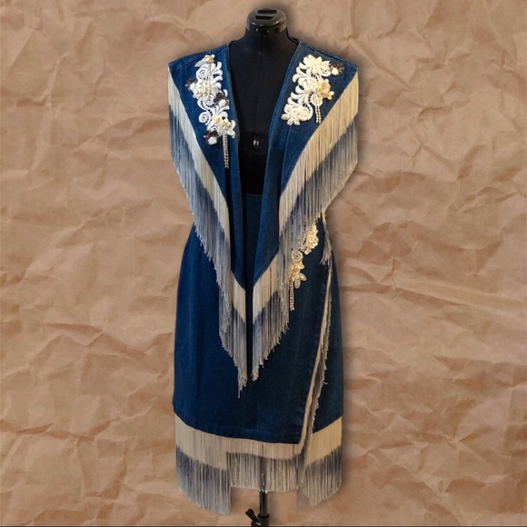 Wanted Other - Vintage Denim 2 Piece Western Beaded Top and Bottom Skirt